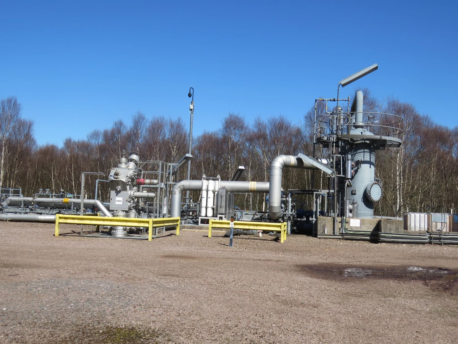 Equipment and pipes of a gas storage wellhead at Hatfield Moor.