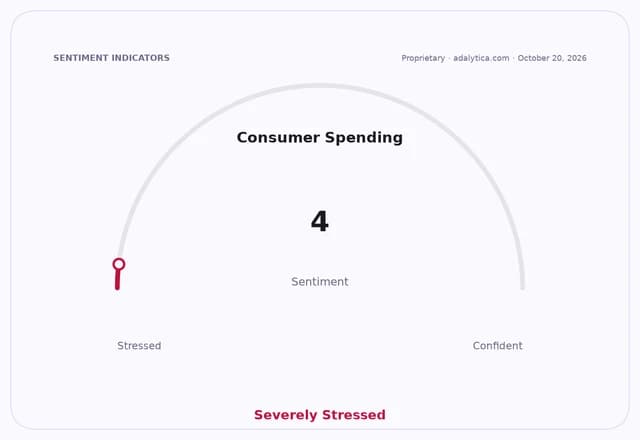 Consumer Spending sentiment gauge dial reading 4, indicating 'Severely Stressed' conditions.