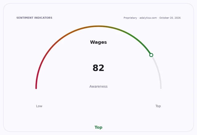 A sentiment indicator dial showing Wages awareness at 82, in the 'Top' awareness range.