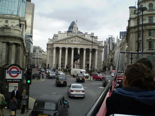 Bank Junction in London with the Royal Exchange building and Bank of England.