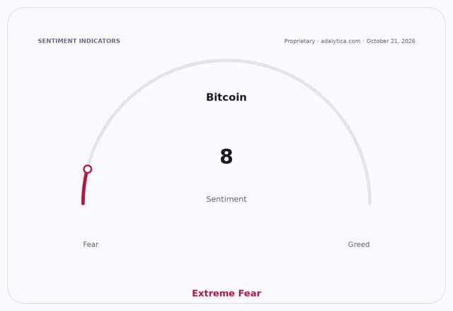 Bitcoin sentiment gauge dial showing a reading of 8, in the Extreme Fear zone.