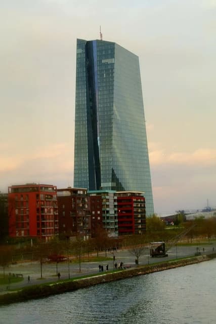 The European Central Bank Headquarters building in Frankfurt, Germany, at dusk.