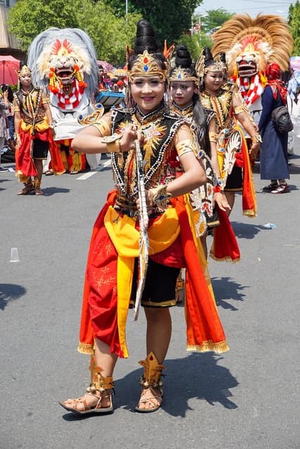 Dancers in elaborate traditional costumes performing at the Blora Barongan Festival in 2019.