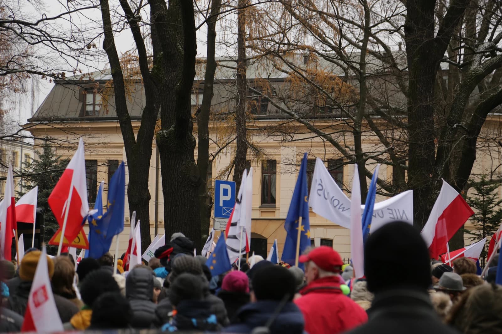 Protesters gather with Polish and European Union flags in front of a building.
