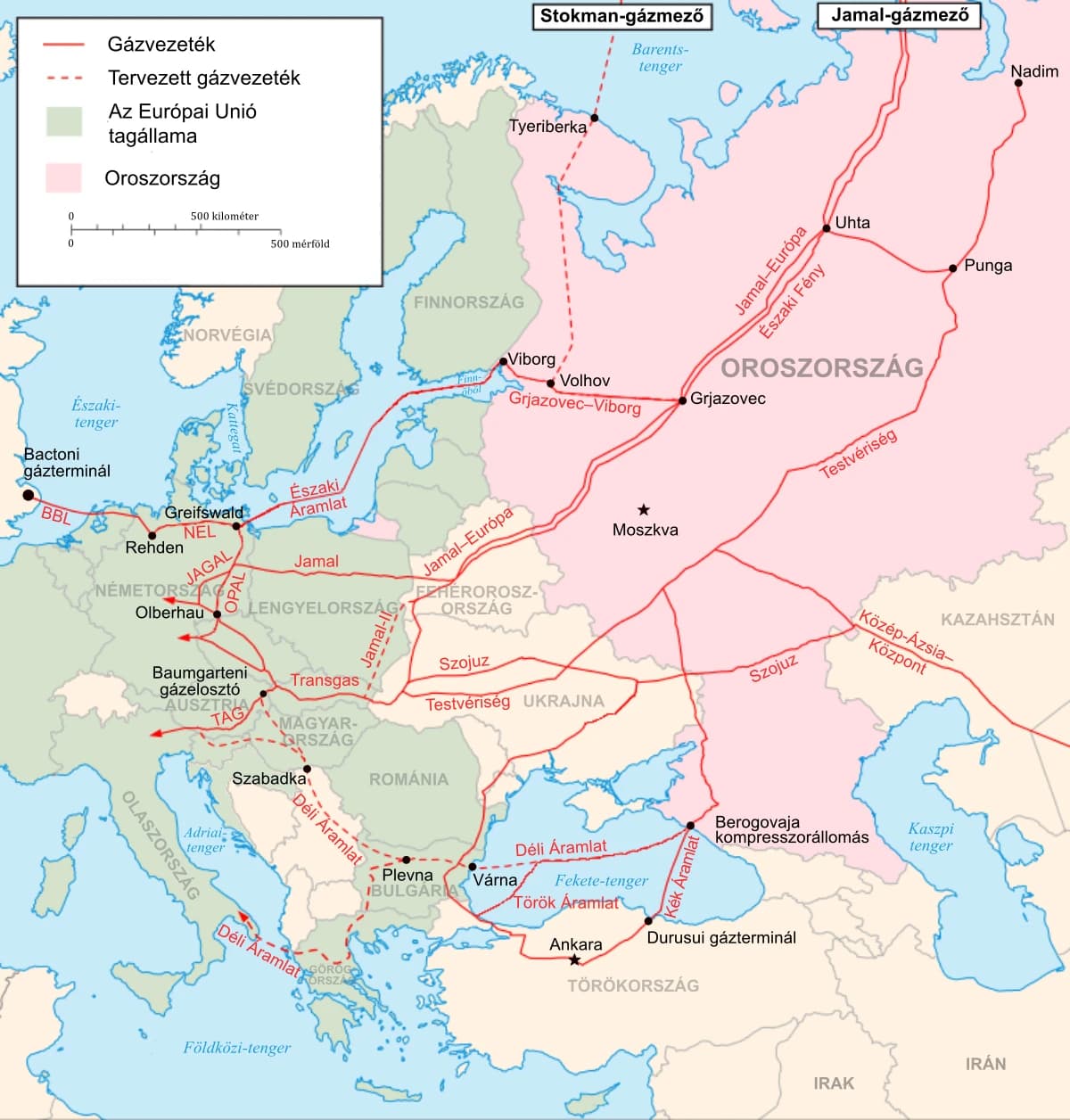 A map of Europe and Russia illustrating gas pipelines and their routes.