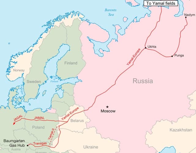 Map of the Yamal-Europe gas pipeline connecting gas fields in Russia to Europe.