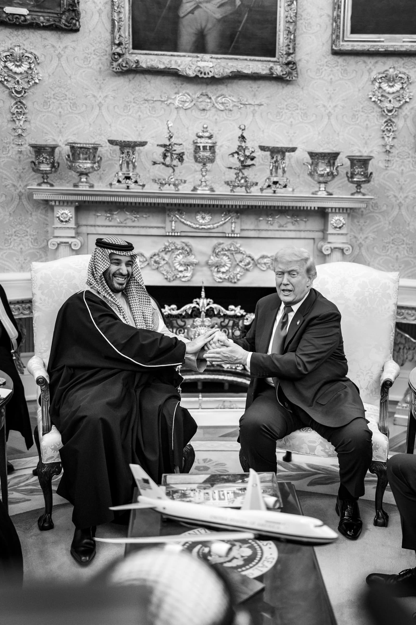 President Donald Trump and Crown Prince Mohammed bin Salman exchange pleasantries during a meeting.