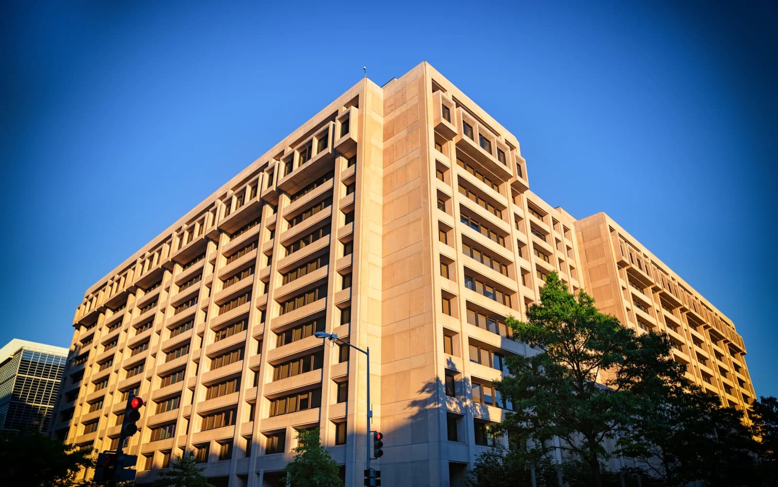 Exterior of the International Monetary Fund (IMF) headquarters building in Washington D.C.