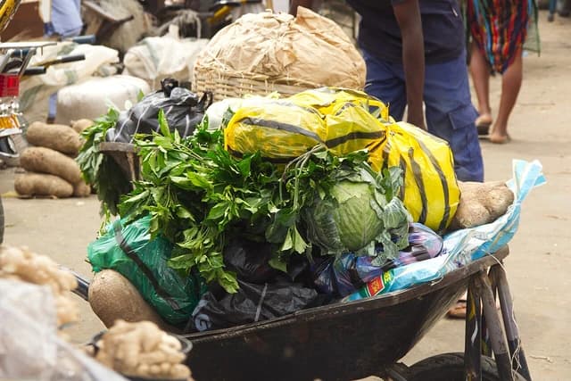 Wheelbarrow loaded with fresh produce and other groceries in a market.