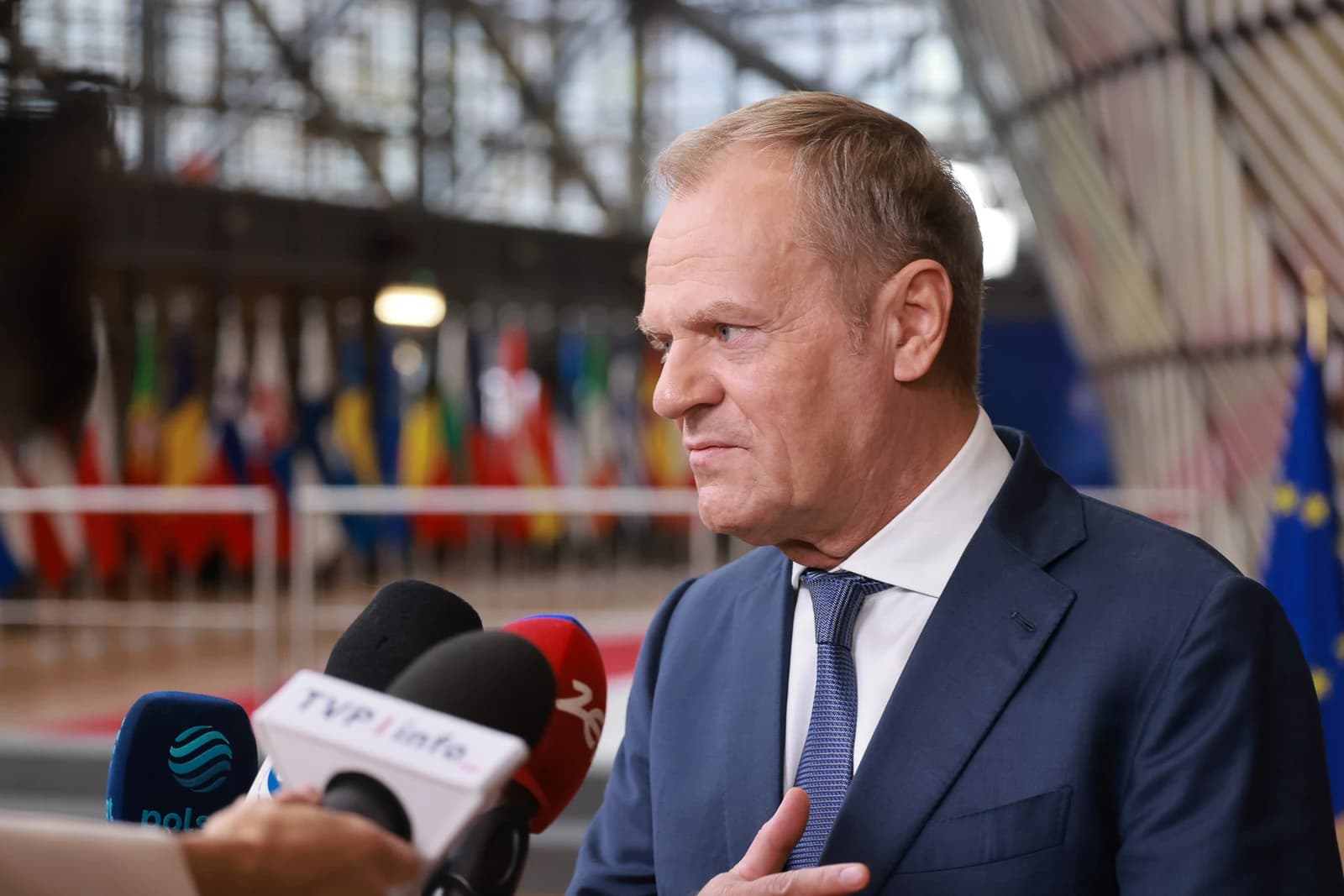 Donald Tusk, Polish Prime Minister, speaking to reporters at a European summit.
