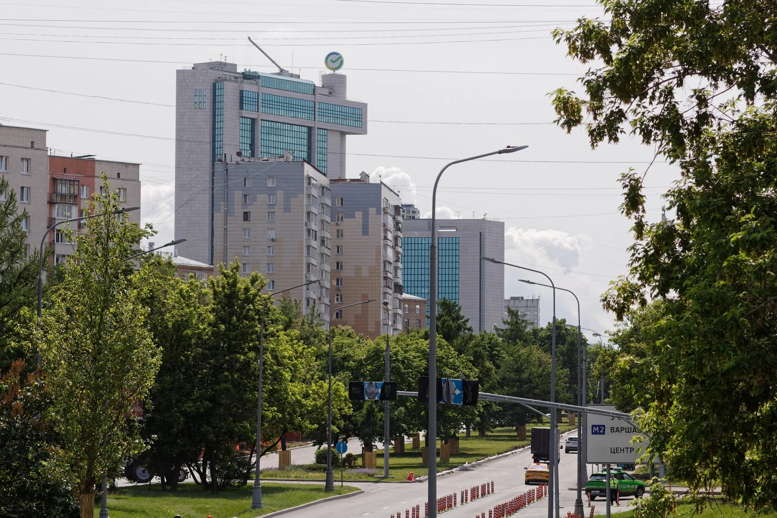 Exterior view of the Sberbank building in Moscow, Russia, from Gagarina Square.