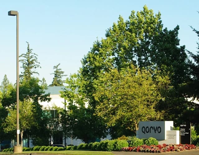 Qorvo corporate sign at the company's Hillsboro, Oregon facility entrance.