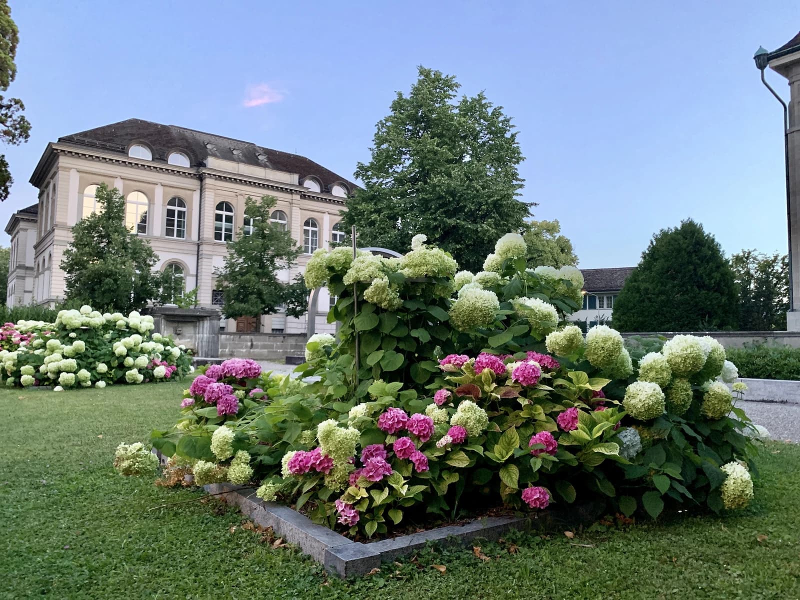Exterior of the main building of ETH Zurich, surrounded by green lawns and flowering bushes.