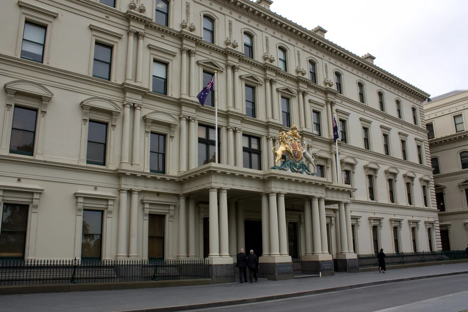 Exterior of 2 Treasury Place, a large classical-style building with a portico, in Melbourne.