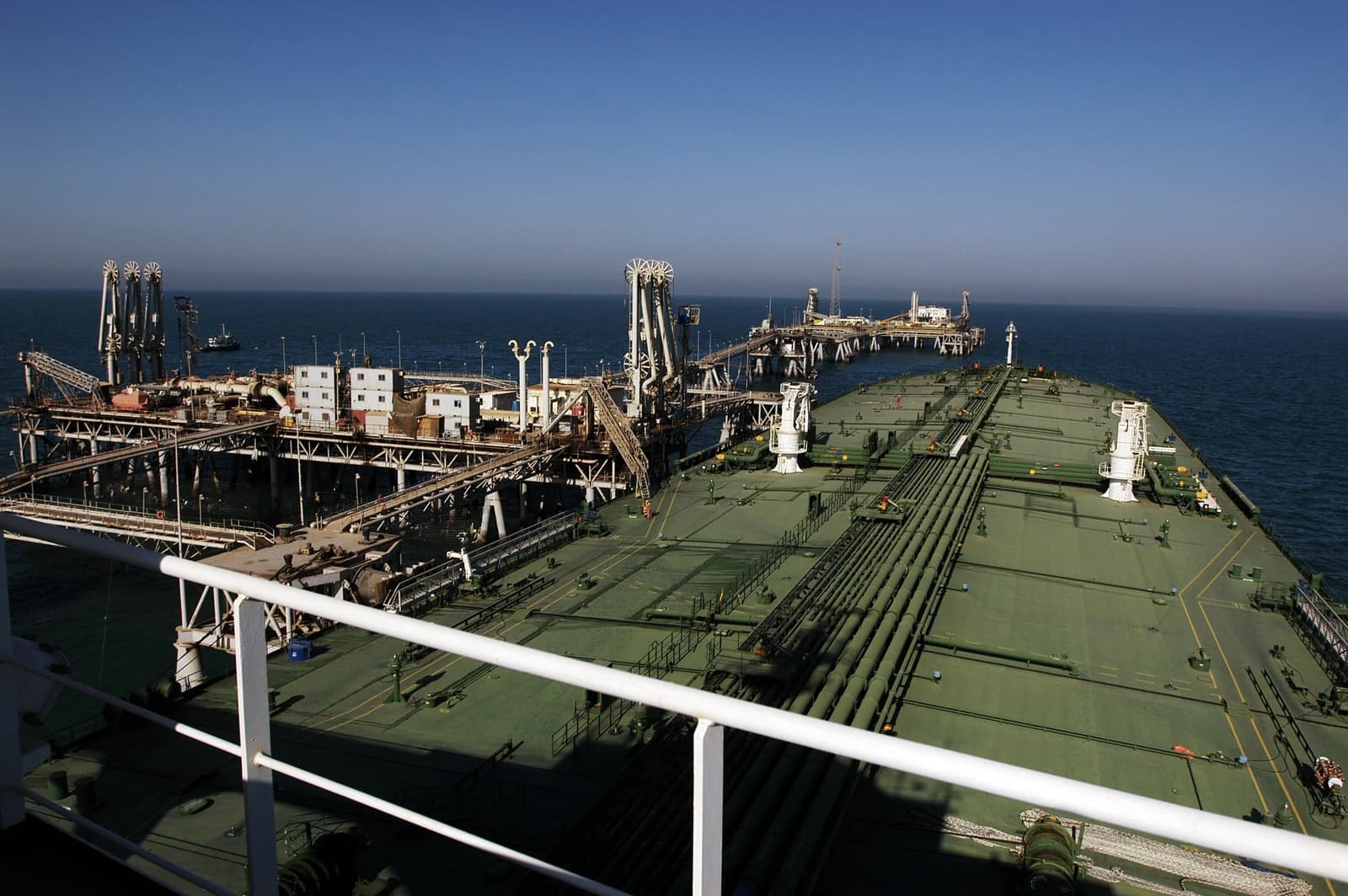 An oil tanker docked at the Al Basrah Oil Terminal in the Persian Gulf.