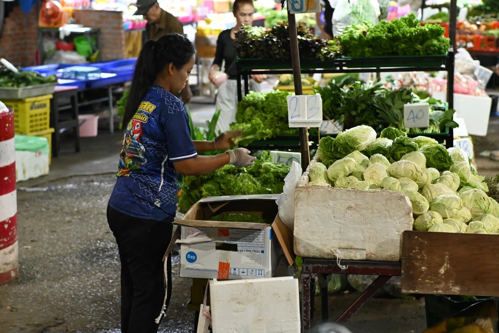Vendor arranging fresh vegetables at an open-air market stall in a central axis market.