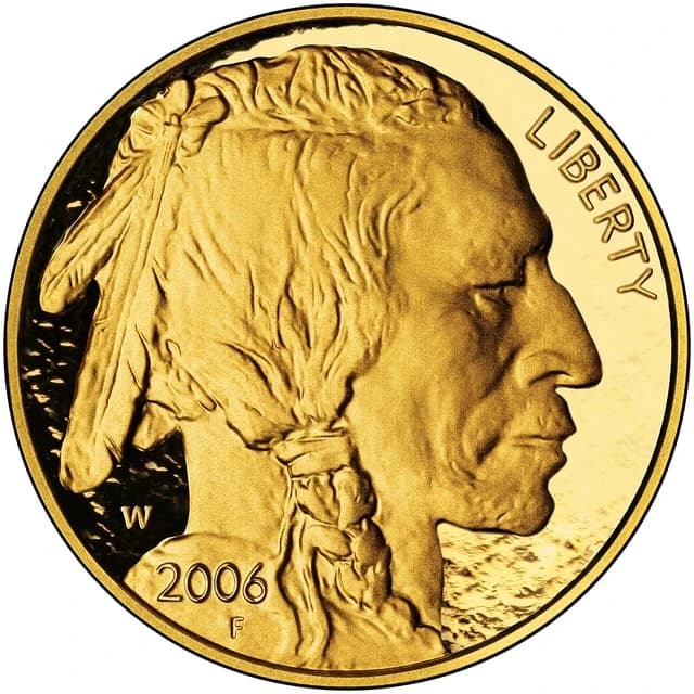 Close-up of the obverse of a 2006 American Gold Buffalo bullion coin.