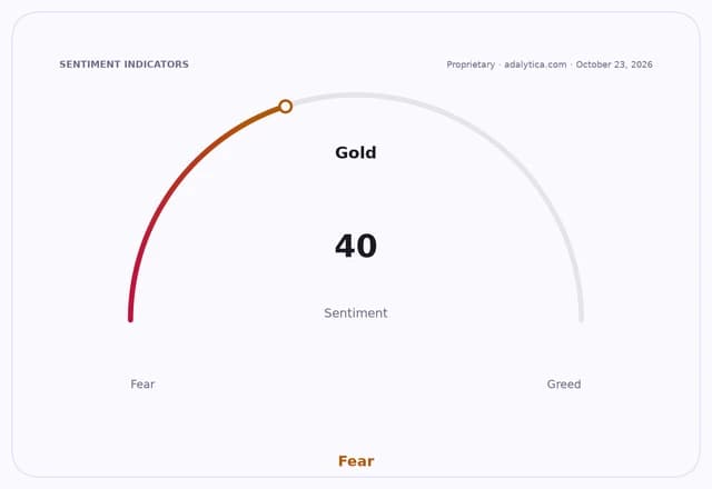 Gold sentiment gauge dial pointing to 40, indicating 'Fear' in the market.