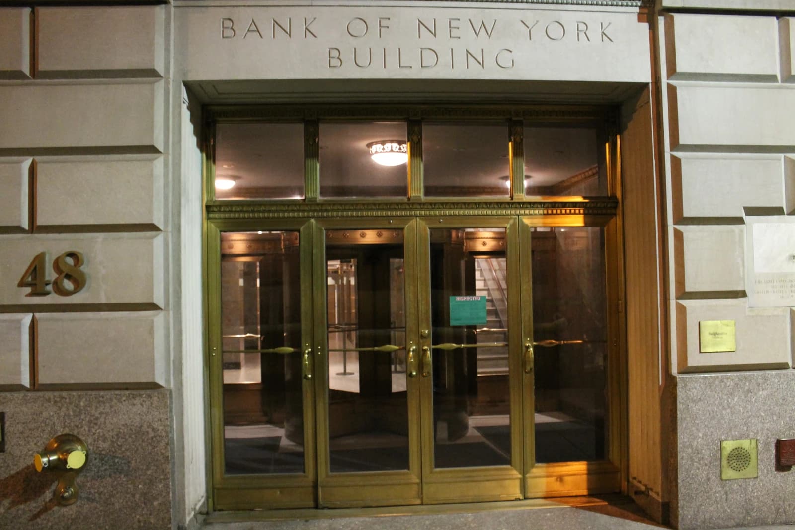 Entrance to the Bank of New York Building at 48 Wall Street.