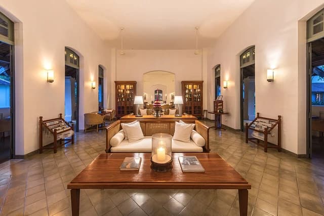 Reception lounge at Amantaka luxury Resort and Hotel at blue hour.