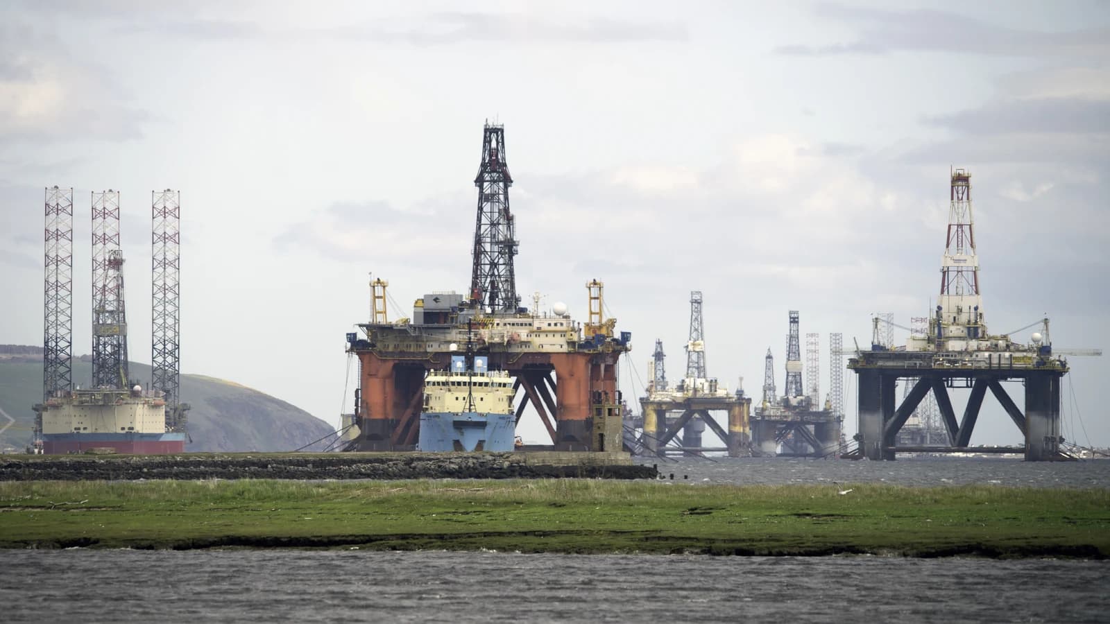 Several offshore oil drilling rigs and a platform supply vessel moored in a body of water near a grassy bank.