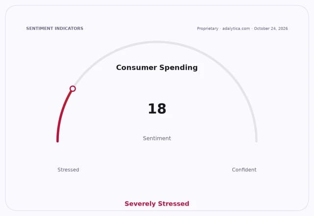 Consumer Spending sentiment gauge dial at 18, showing 'Severely Stressed'.