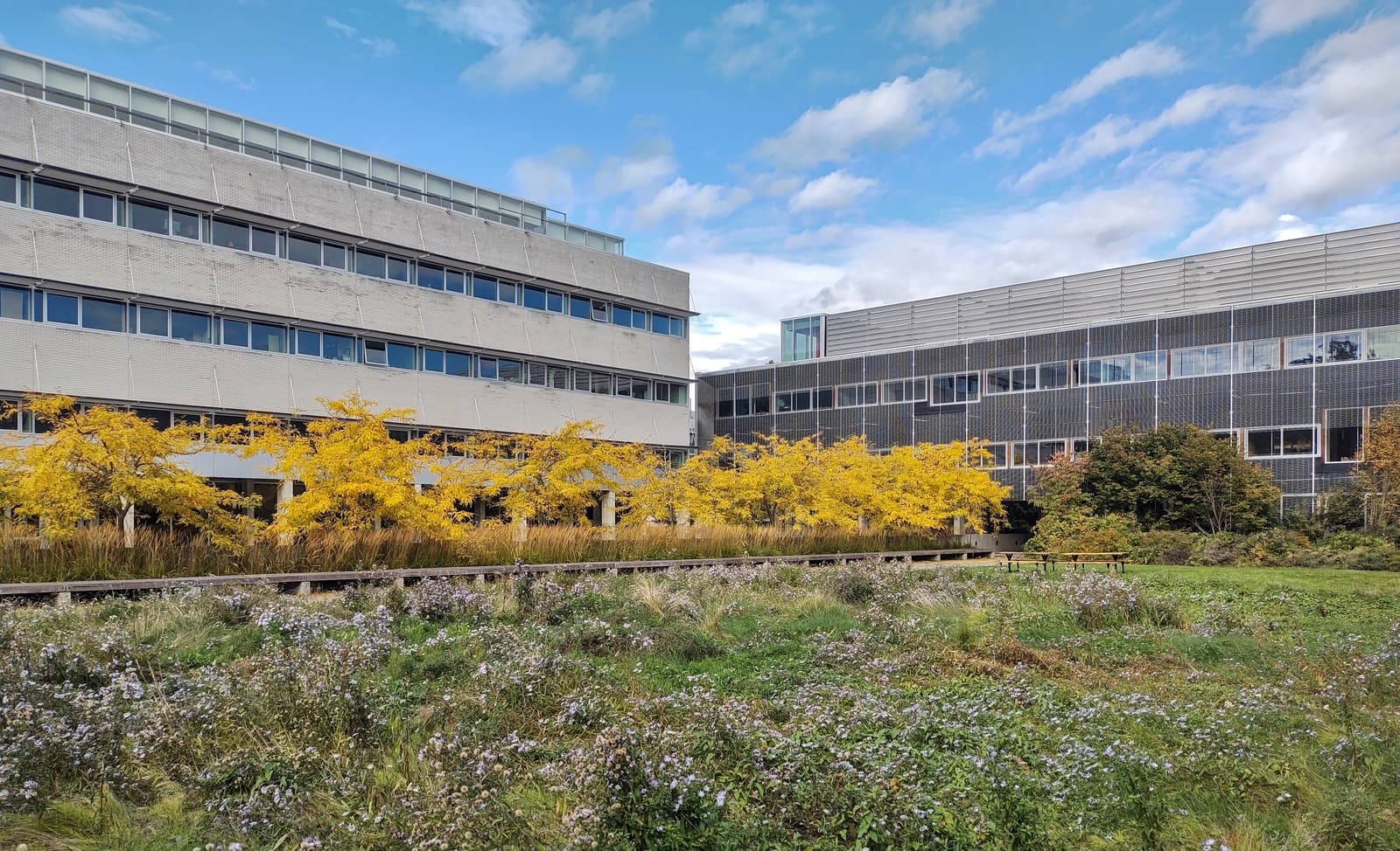 Exterior shot of the Aquatic Ecosystems Research Laboratory and Beaty Biodiversity Centre buildings.