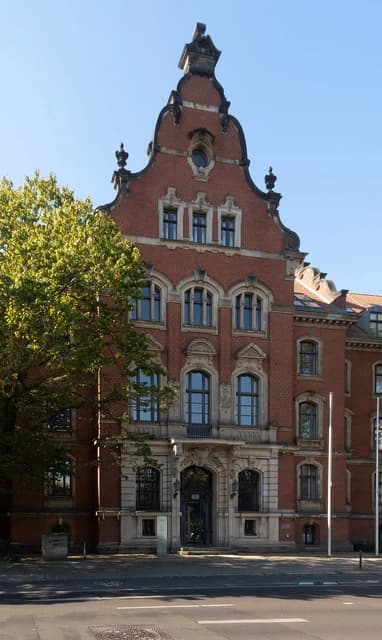 Brick building with ornate facade, Bundespolizei building in Berlin-Kreuzberg, Germany.