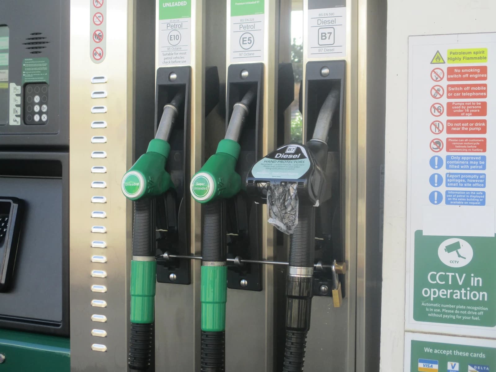 Fuel pumps at a Morrisons petrol station in Wetherby, one diesel pump is secured.