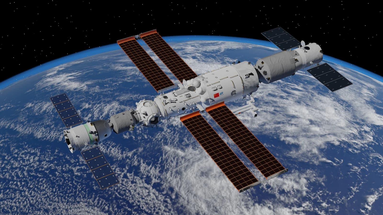 Rendering of the Tiangong space station in orbit above Earth, with solar panels extended.