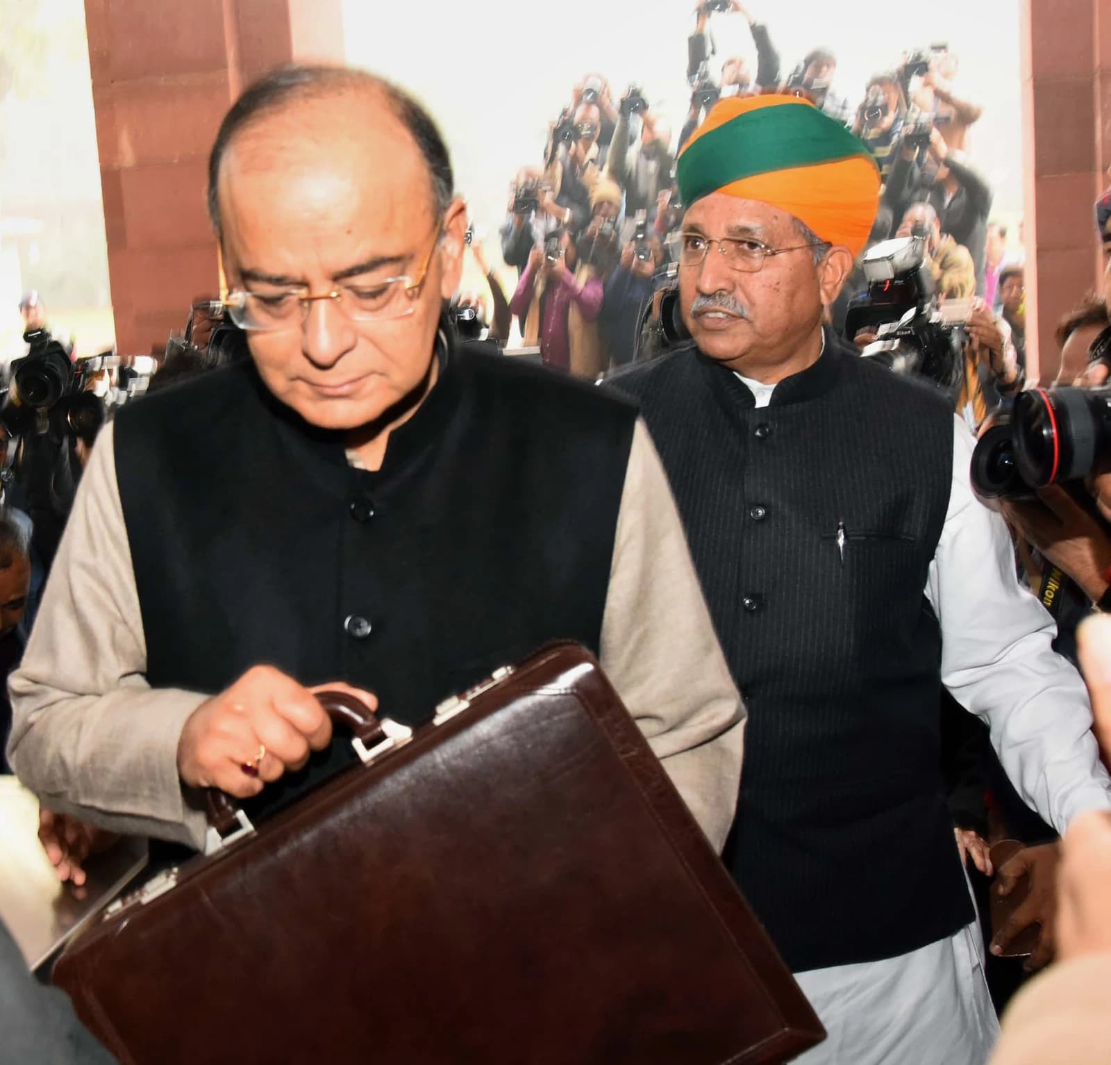 Arun Jaitley, former Minister of Finance, carrying a briefcase while arriving at Parliament House.