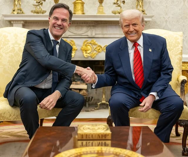 Donald Trump and Mark Rutte shake hands in the White House Oval Office.