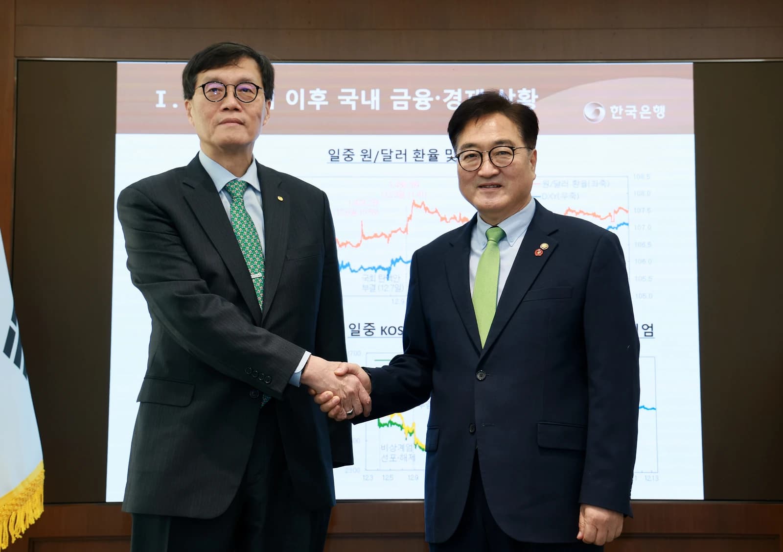 Speaker Woo Won-shik shaking hands with an official at the Bank of Korea.