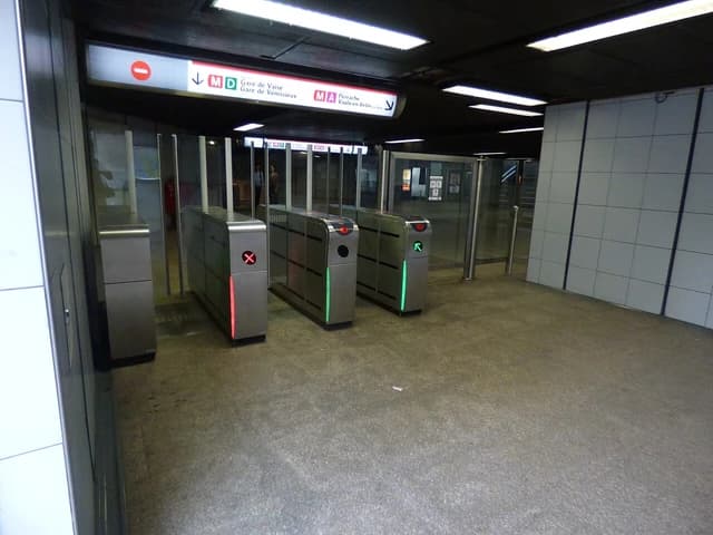 Ticket barriers in a Lyon Metro station, with red 'X' and green arrow signals.