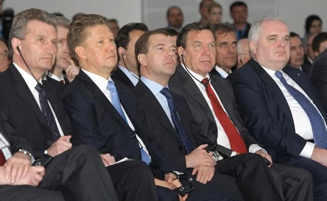 Alexey Miller, Dmitry Medvedev, and Gerhard Schröder attending the Nord Stream pipeline construction ceremony.