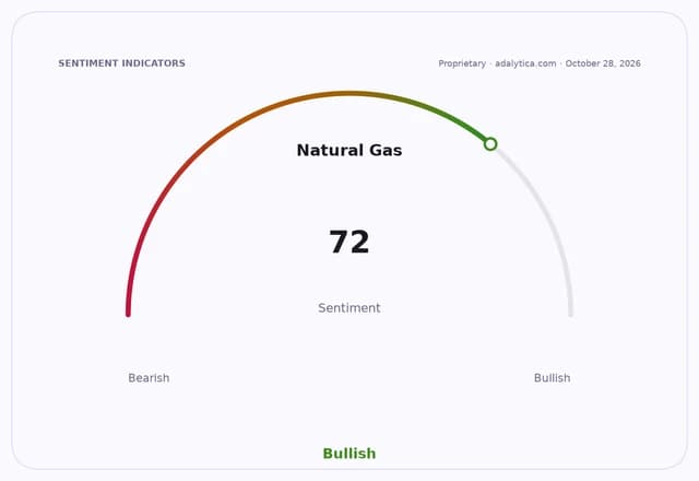 Natural Gas sentiment gauge dial pointing to 72, within the bullish zone.