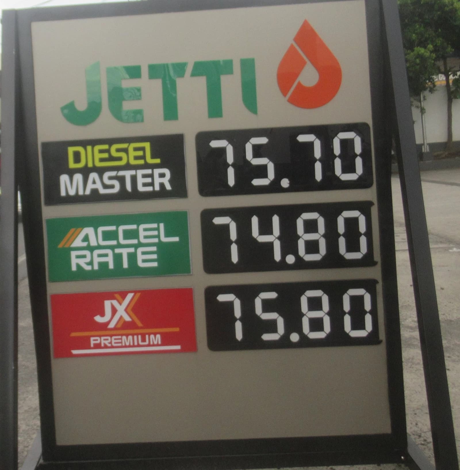 A Jetti Petroleum gas station price board showing various fuel prices.
