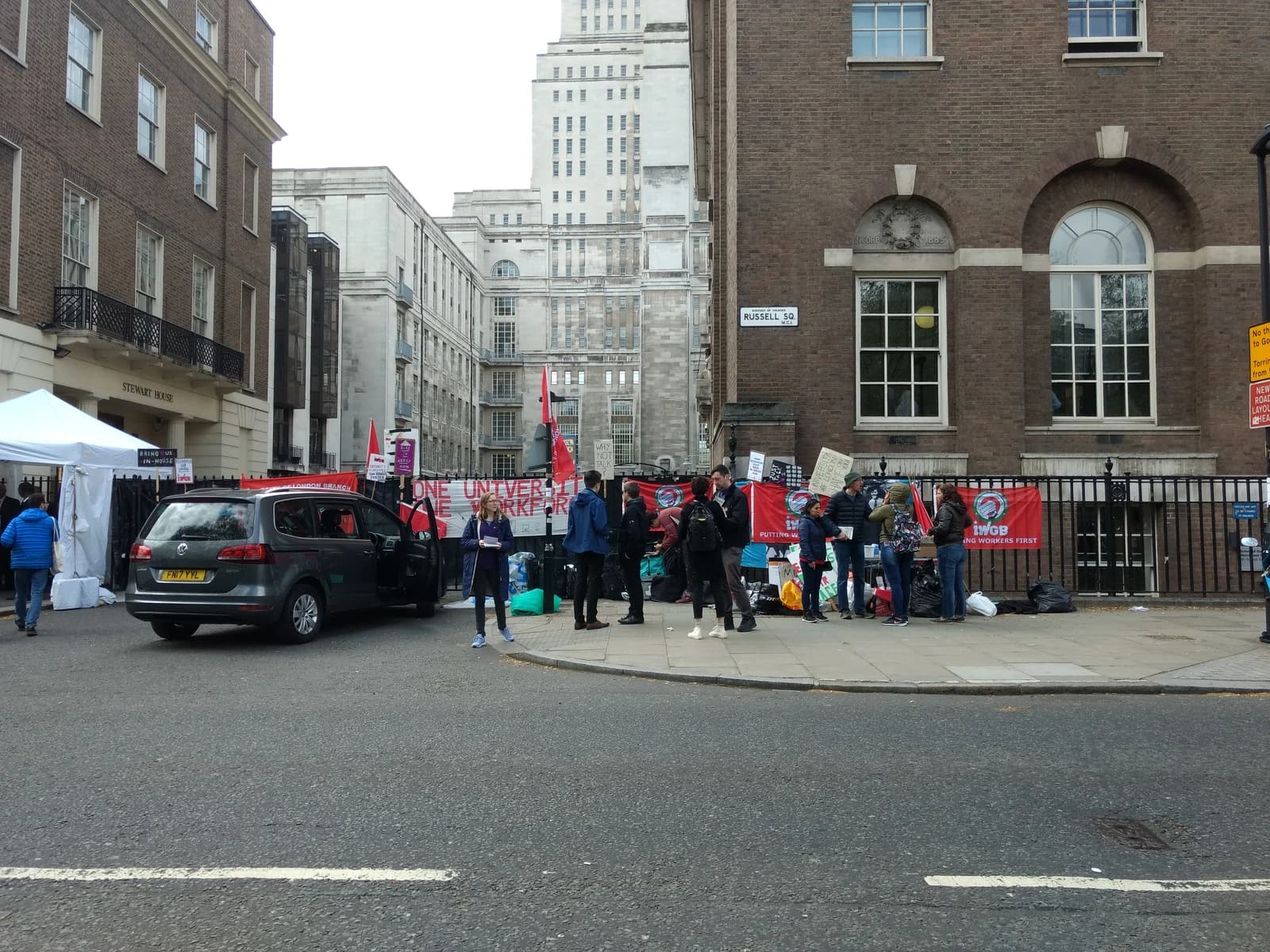 Protesters from the Independent Workers Union of Great Britain gathered outside the University of London.
