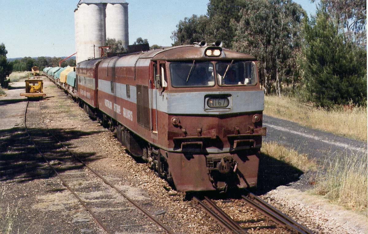 Commonwealth Railways NT class locomotive NT67 with bulk wheat train at Wirrabara, South Australia.