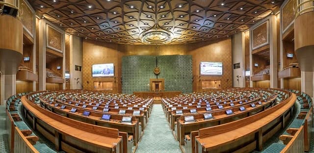 Empty Lok Sabha chamber in the New Parliament building, New Delhi, India.