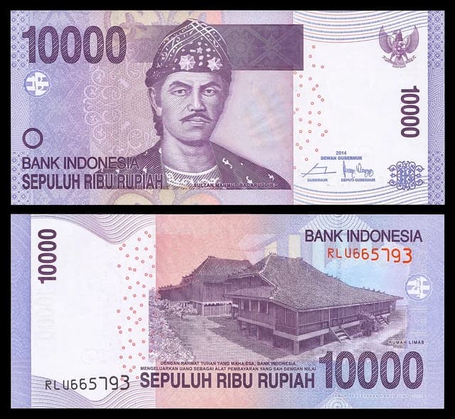 Both sides of a 10,000 Indonesian Rupiah banknote showing a portrait and a building.