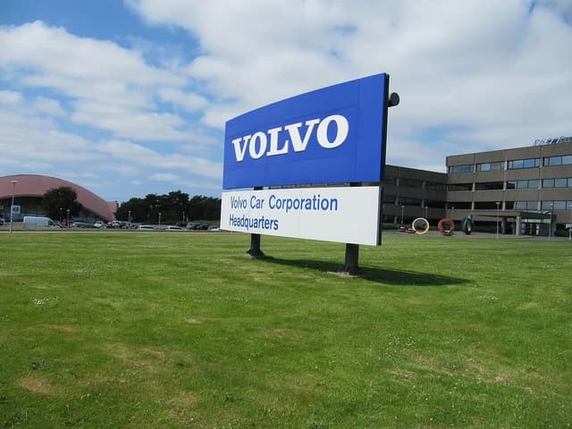 Volvo Car Corporation Headquarters sign outside a company building in Gothenburg, Sweden.