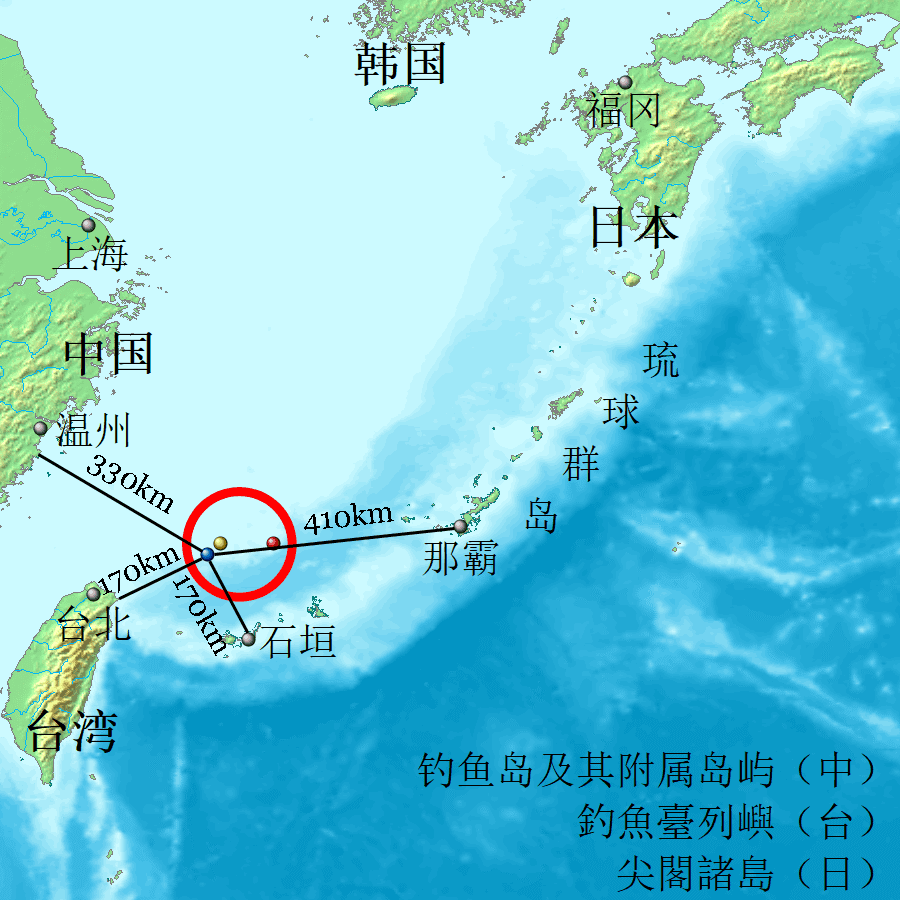 Map showing the disputed Senkaku Diaoyu Tiaoyu Islands between China, Japan, and Taiwan.