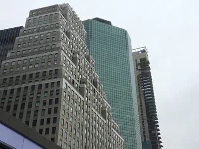 Skyscrapers, including one under construction, in Manhattan's Financial District.