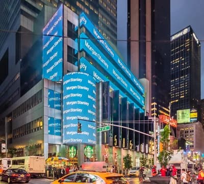 Exterior view of Morgan Stanley headquarters building in an urban environment.