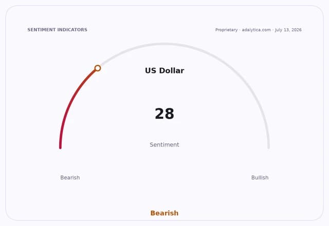US Dollar sentiment gauge indicating a bearish reading of 28.