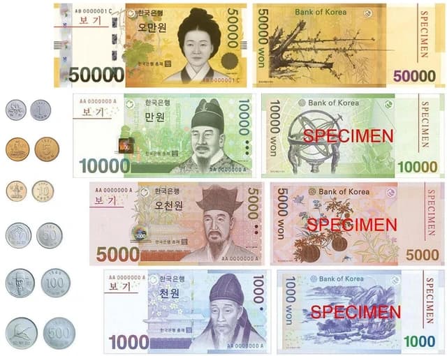 Collection of South Korean won banknotes in 50,000, 10,000, 5,000, and 1,000 denominations, and coins.