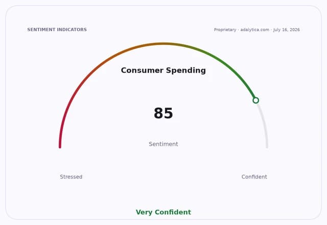 Consumer Spending sentiment dial at 85, showing a 'Very Confident' outlook.