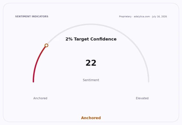 Sentiment gauge dial for '2% Target Confidence' showing a reading of 22 in the 'Anchored' zone.