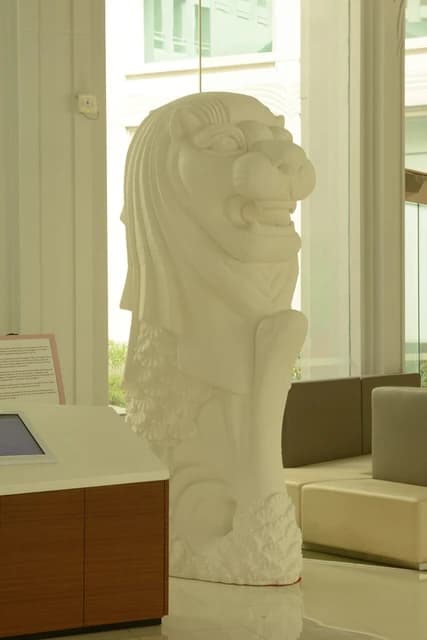Merlion statue, Singapore's official mascot, positioned indoors at the Tourism Court.